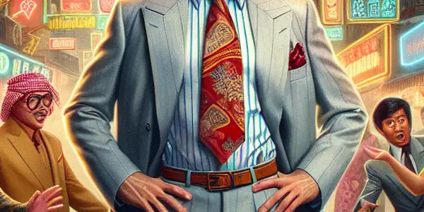 A lively 1980s Hong Kong street scene featuring 麦嘉 in a comedic pose with vibrant characters and neon signs.