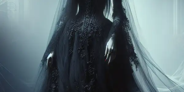 A cursed bride in a tattered wedding gown, haunting an eerie, decaying venue filled with shadows and despair.