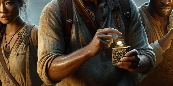 Three adventurers explore a mysterious ancient desert city, illuminated by moonlight, surrounded by crumbling ruins and hidden dangers.