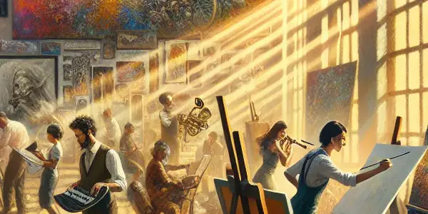 A vibrant creative studio filled with diverse artists passionately engaged in painting, writing, and music.