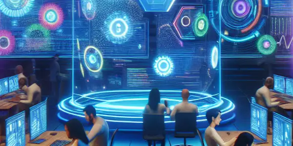 A diverse group of professionals analyzing colorful data charts in a modern, tech-filled workspace.