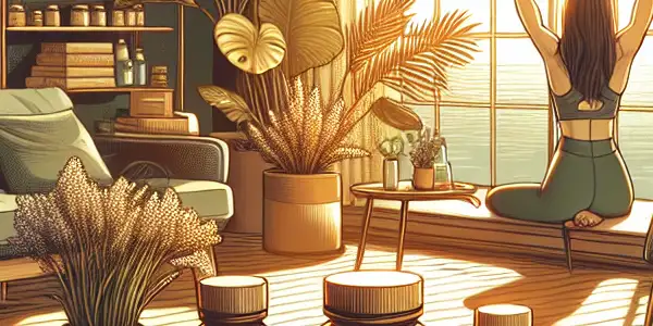 A cozy living room scene featuring wellness products, a person practicing yoga, and natural light for a balanced lifestyle.