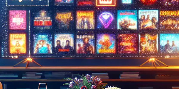 A cozy living room with a large TV displaying movie options, popcorn, and drinks for a movie night.