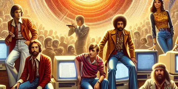 A nostalgic digital landscape featuring diverse people from the 70s to 90s engaging with vintage computer screens and classic adult themes.