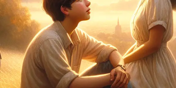 A nostalgic summer scene of a boy and girl sharing a moment on a grassy hill, surrounded by wildflowers.