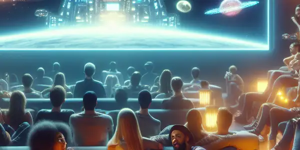 A cozy living room with friends watching a sci-fi movie on a large screen, surrounded by popcorn and smartphones.
