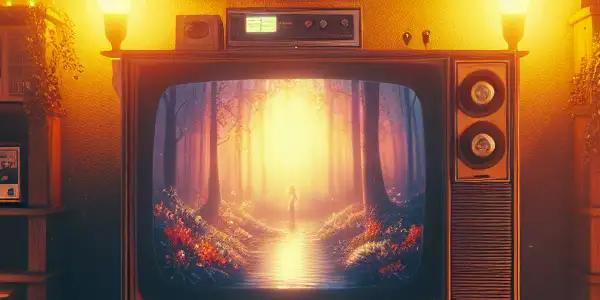 A cozy 1980s living room with a vintage TV, retro decor, and a smartphone on the coffee table.