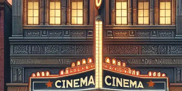 A nostalgic scene of Hengshan Cinema in Shanghai, featuring vintage architecture, moviegoers, and a lively urban atmosphere.