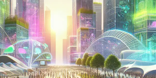 A vibrant futuristic urban scene showcasing technology, sustainability, and diverse people engaging with virtual reality.