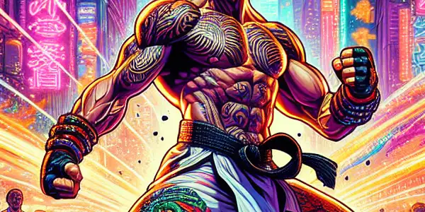 A muscular street fighter in traditional attire battles on a vibrant urban street, surrounded by an excited crowd at dusk.