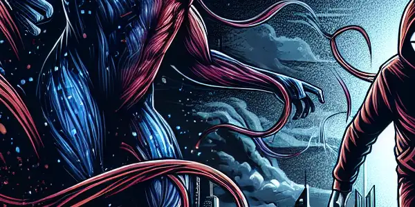 Eddie Brock as Venom, dramatically merging with his symbiote against a dark urban skyline during a stormy night.