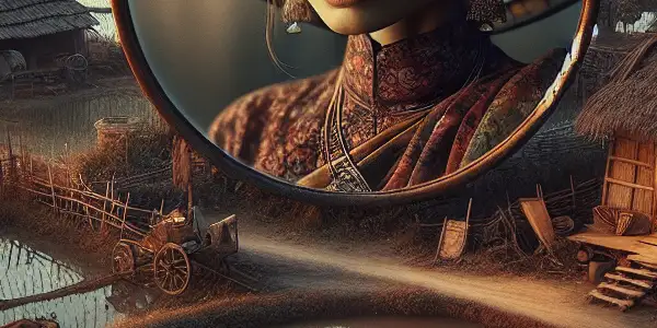 A young woman in tattered clothing stands in a rustic village at dusk, reflecting hardship and resilience.