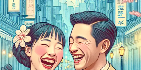 A lively urban scene featuring a couple laughing under a cherry blossom tree, surrounded by charming characters and vibrant city life.