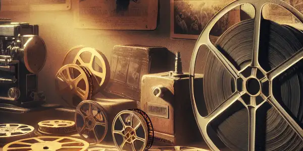 A nostalgic scene featuring vintage film reels on a wooden table in a dimly lit film studio.