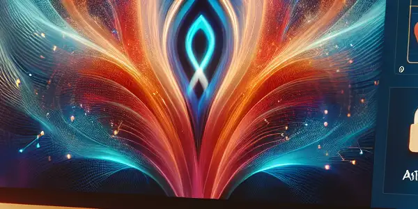 A modern computer desk setup with abstract adult-themed visuals, featuring safety symbols like a shield and lock.