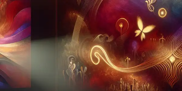 A cozy cinema scene featuring diverse viewers engaged with abstract visuals of passion and desire on screen.