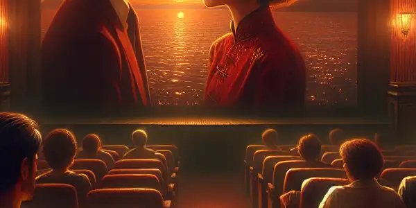 A vintage movie theater scene featuring a couple captivated by a romantic film, surrounded by retro posters and nostalgic decor.