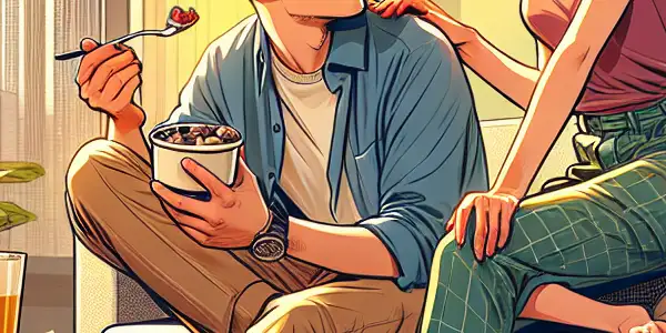 A cozy urban apartment scene with a young man and his stylish cousin sharing a playful, affectionate moment.<a href=