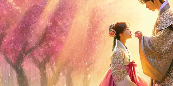 A romantic scene of two lovers in traditional Korean attire, surrounded by cherry blossoms and misty, serene landscapes.