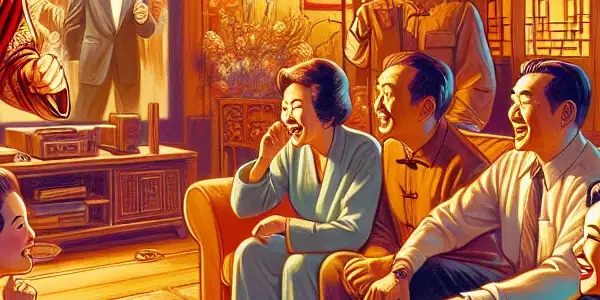 A lively living room scene featuring Huang Hong in traditional 1940s clothing, family members enjoying a comedic film.