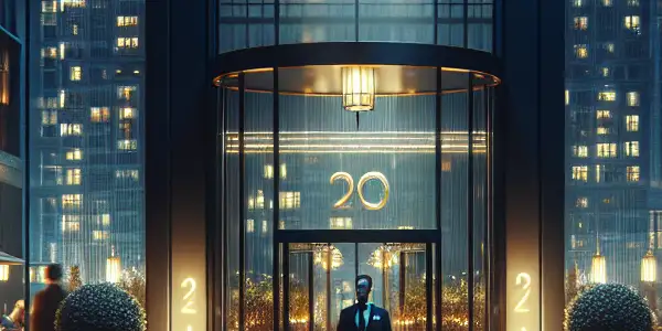 A sophisticated urban nightlife scene featuring a stylish entrance to an adult leisure club with elegant neon signage.