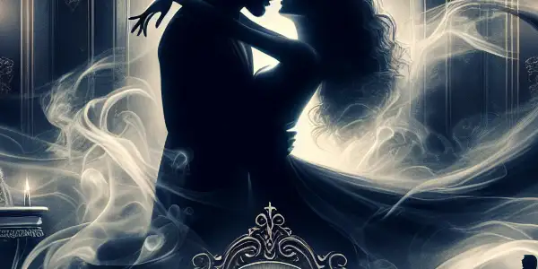 A couple in an intense embrace amidst mist and soft light in a luxurious, mysterious setting.