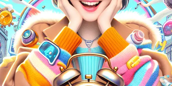 Aki Shinozaki in a playful pose against a vibrant cityscape with time-manipulating elements and whimsical speech bubbles.