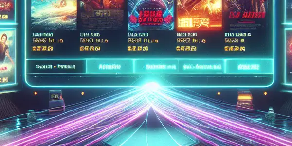 A cozy living room with a futuristic computer screen displaying diverse movie posters for an online streaming platform.