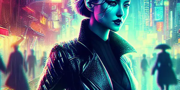 A fierce female assassin in a sleek black outfit stands confidently in a neon-lit urban setting at twilight.