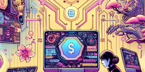 A futuristic digital interface for a safe adult content exchange, featuring diverse characters and security elements.