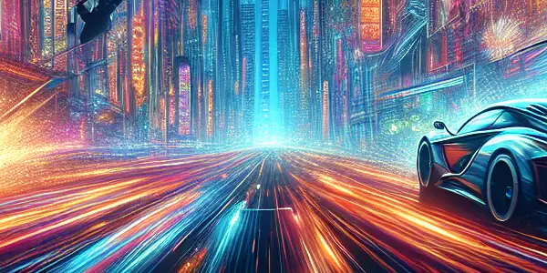 A bustling modern cinema showcasing an action-packed car chase, iconic movie posters, and an excited audience.