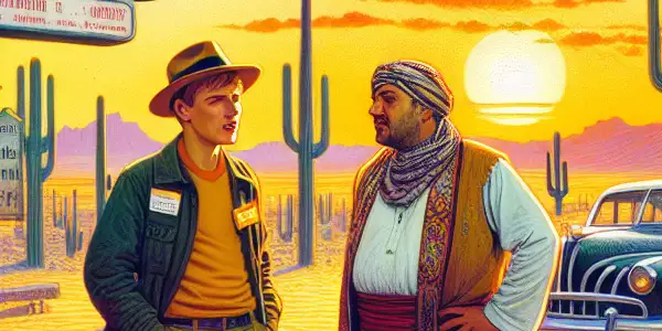 A quaint desert hotel scene with a German tourist and friendly owner sharing a lighthearted conversation at sunset.