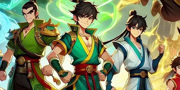 Seven heroic brothers from "Hulu Brothers" unite in a vibrant, mystical landscape, showcasing their unique powers and bravery.