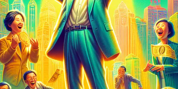 A cheerful person stands under a shower of colorful banknotes in a lively city, celebrating unexpected wealth.