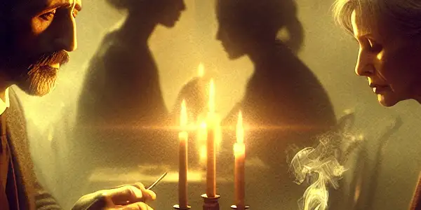 A middle-aged couple shares a secretive glance in a dimly lit café, surrounded by hints of forbidden love.