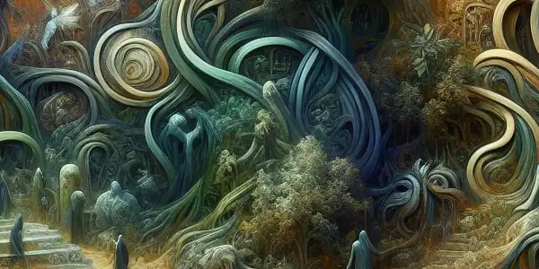 A mystical labyrinth filled with mythical creatures, ancient symbols, and shadowy figures, evoking wonder and dread.