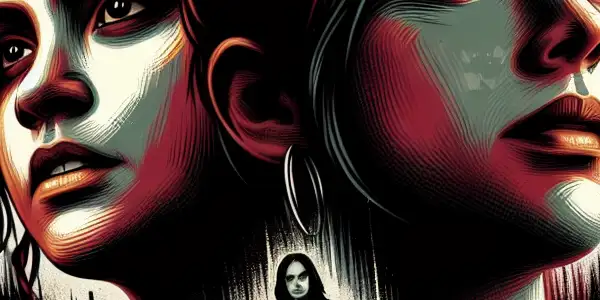 Two defiant female figures in a gritty urban setting, embodying empowerment and revenge amidst a dark, moody atmosphere.