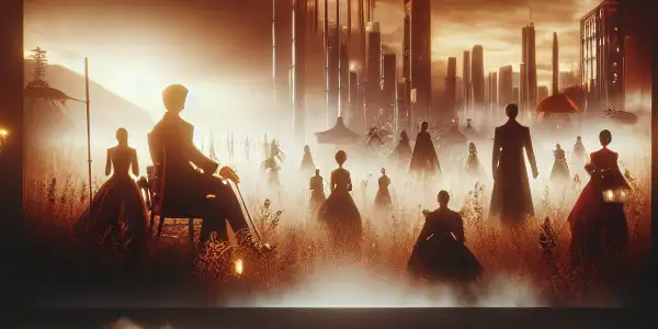 A dimly lit movie theater with viewers captivated by iconic Korean films, surrounded by plush red seats and cinematic elements.