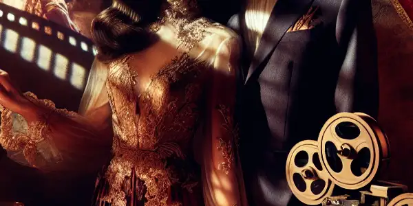 A stylish couple in 1920s attire shares an intimate moment in a dimly lit, elegant room with a vintage film projector.