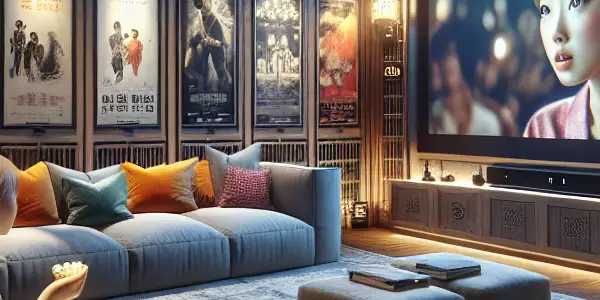A cozy, modern home theater featuring a figure immersed in a classic Korean film, surrounded by cinematic decor.