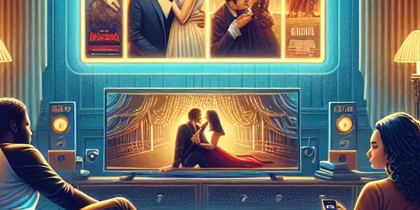 A cozy living room with a couple enjoying diverse films on a large TV, surrounded by snacks and warm lighting.