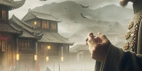 A determined Lin Zexu addresses a crowd in a 19th-century Chinese coastal town amidst rising tensions of the Opium Wars.