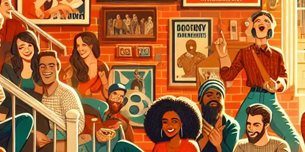 A vibrant film set scene showcasing diverse characters engaging in playful interactions, evoking camaraderie and community.