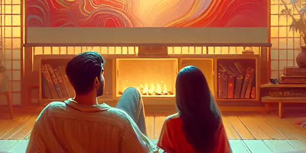 A cozy room with a couple watching abstract visuals on a screen, surrounded by soft lighting and plush furnishings.
