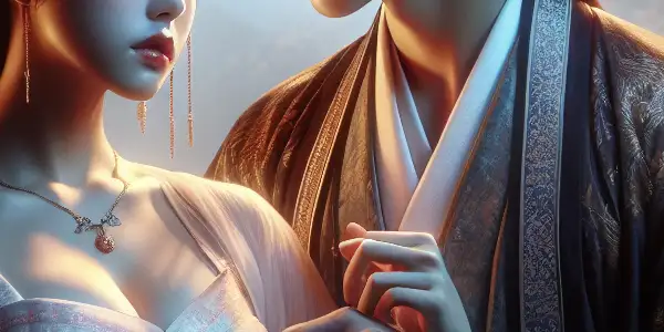 Liang Shanbo and Zhu Yingtai share an intimate moment in a romantic twilight garden, surrounded by cherry blossoms and lanterns.