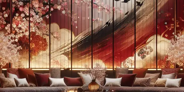 A luxurious, dimly lit room featuring plush fabrics, a high-definition screen, and subtle Japanese cultural motifs.