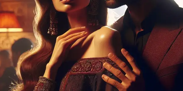 A romantic scene featuring two characters expressing desire and tenderness in a luxurious, intimate setting.