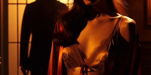 A woman in a soft-lit bedroom embodies longing and conflict, hinting at romantic betrayal and desire.