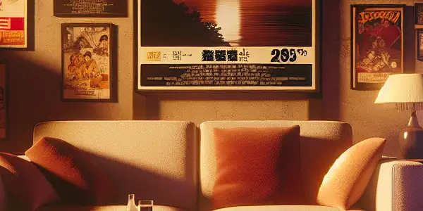 A nostalgic 1990s living room filled with vintage furniture, classic film posters, and old VHS tapes.