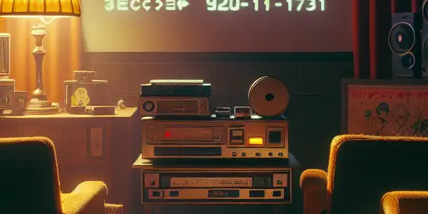 A cozy vintage home theater with retro decor, featuring a projector, popcorn, and classic film memorabilia from the 1980s.